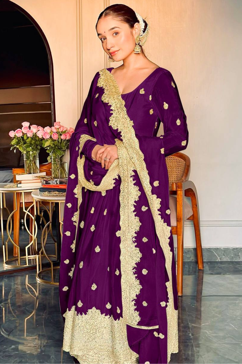 Violet Anarkali Gown with Dupatta Suit Set in Pure Chinon Silk