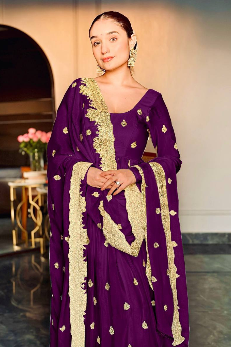 Violet Anarkali Gown with Dupatta Suit Set in Pure Chinon Silk