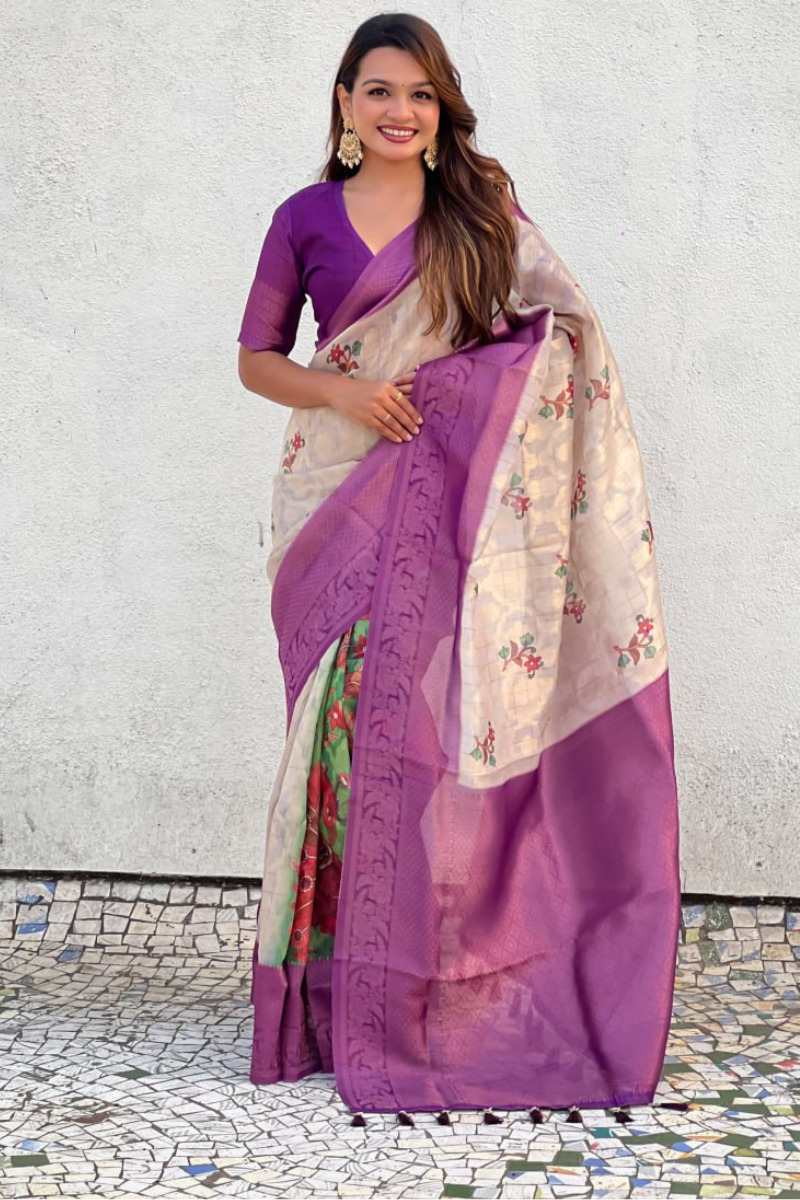 Saree in violet soft silk with butta meenakari and flower patterns