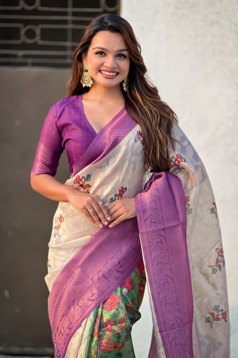 Saree in violet soft silk with butta meenakari and flower patterns