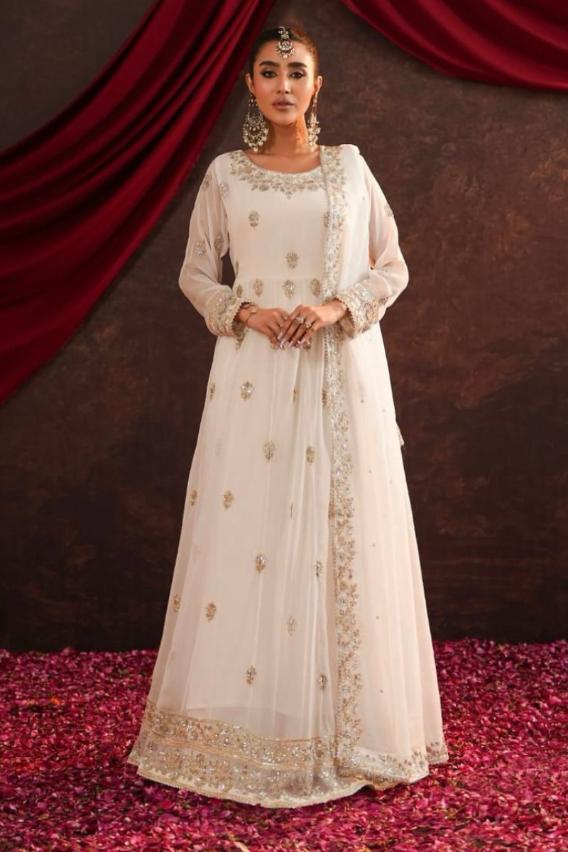 Anarkali gown in white with an embroidered dupatta