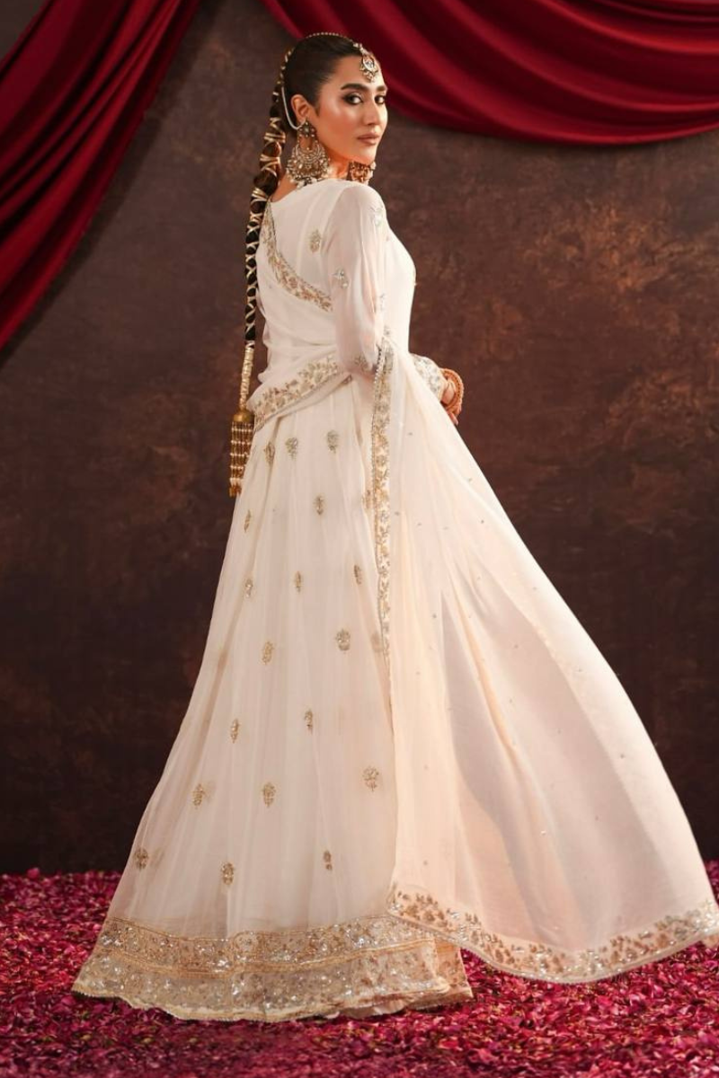 Anarkali gown in white with an embroidered dupatta