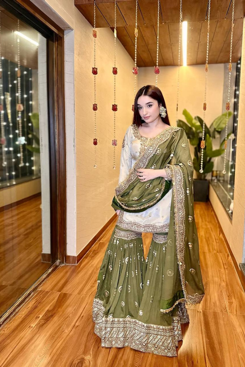 Heavy Chinon Sharara Dupatta Set in White and Green