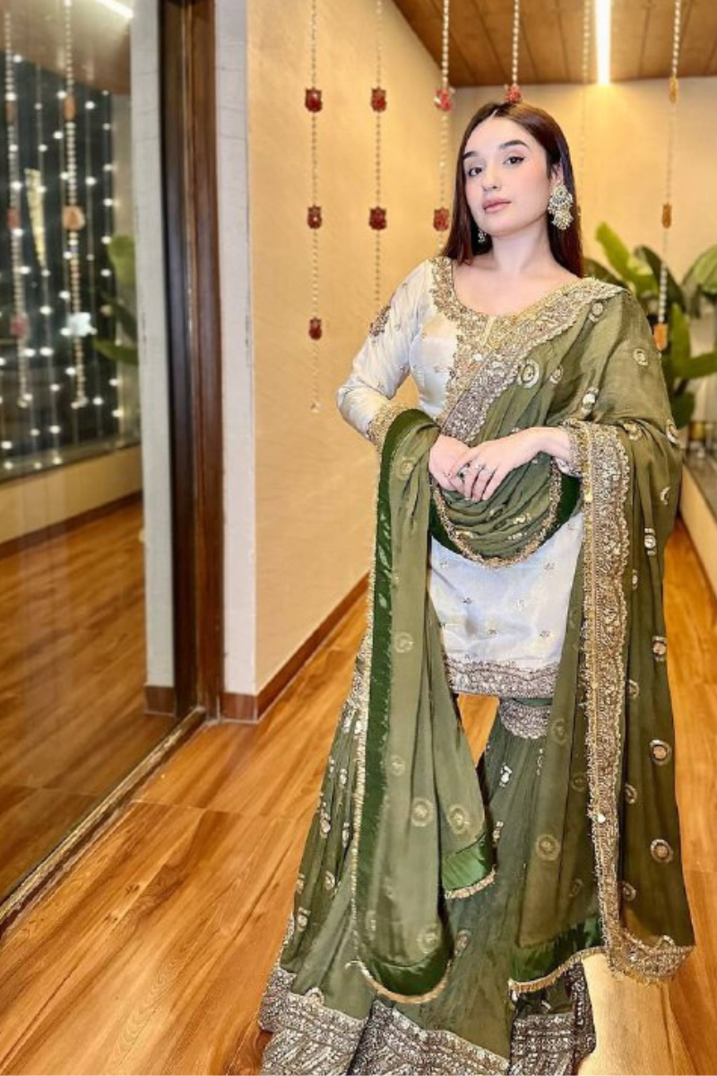 Heavy Chinon Sharara Dupatta Set in White and Green