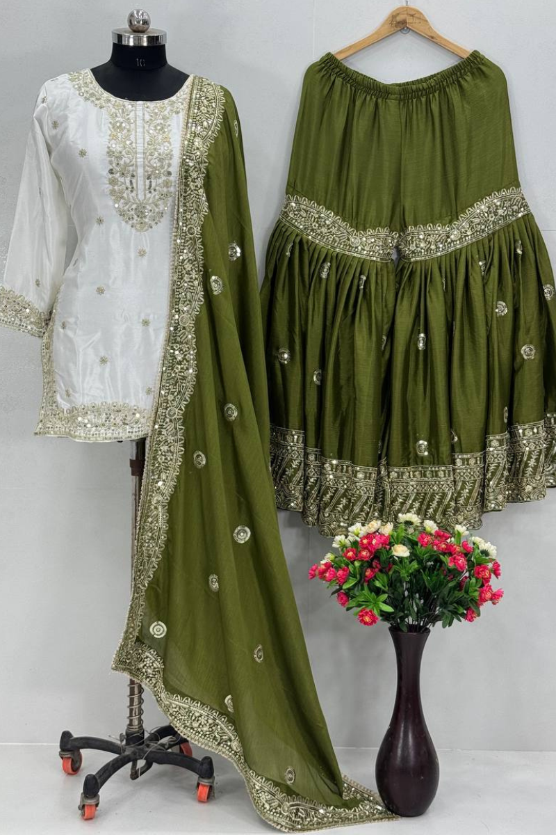 Heavy Chinon Sharara Dupatta Set in White and Green