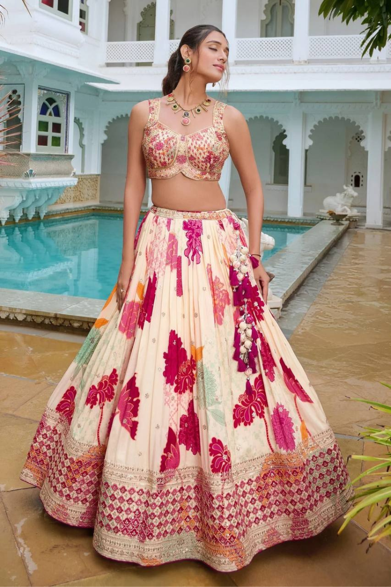 White And Pink Lehanga Choli Dupatta Set Embroidered