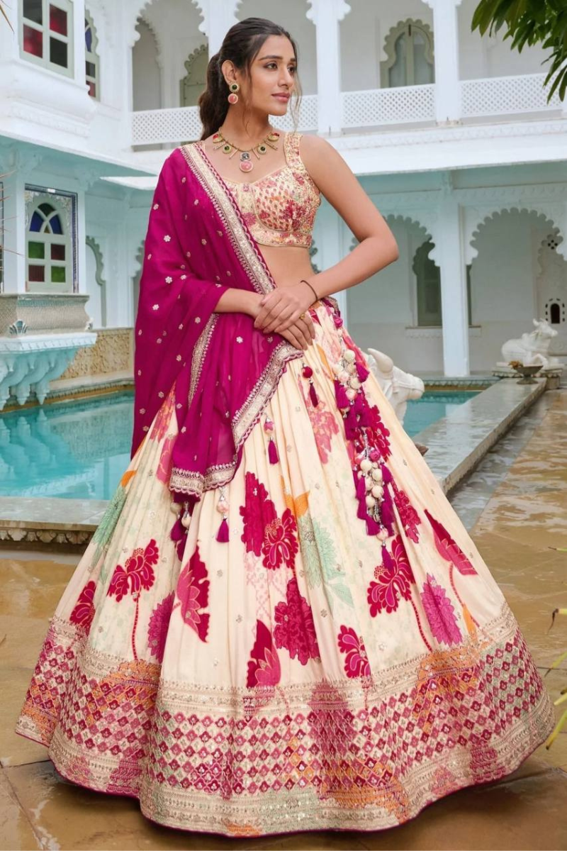 White And Pink Lehanga Choli Dupatta Set Embroidered