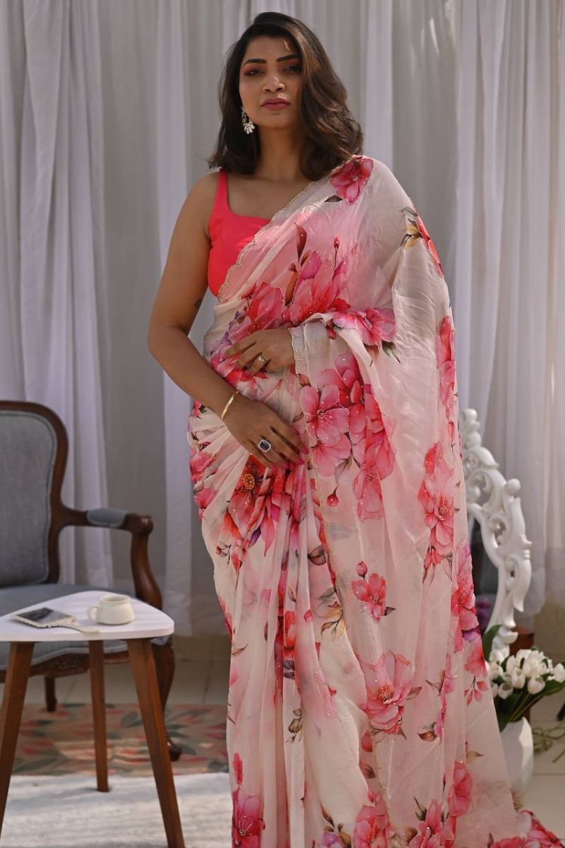 Soft Tebby Silk Floral Print Saree in White and Pink