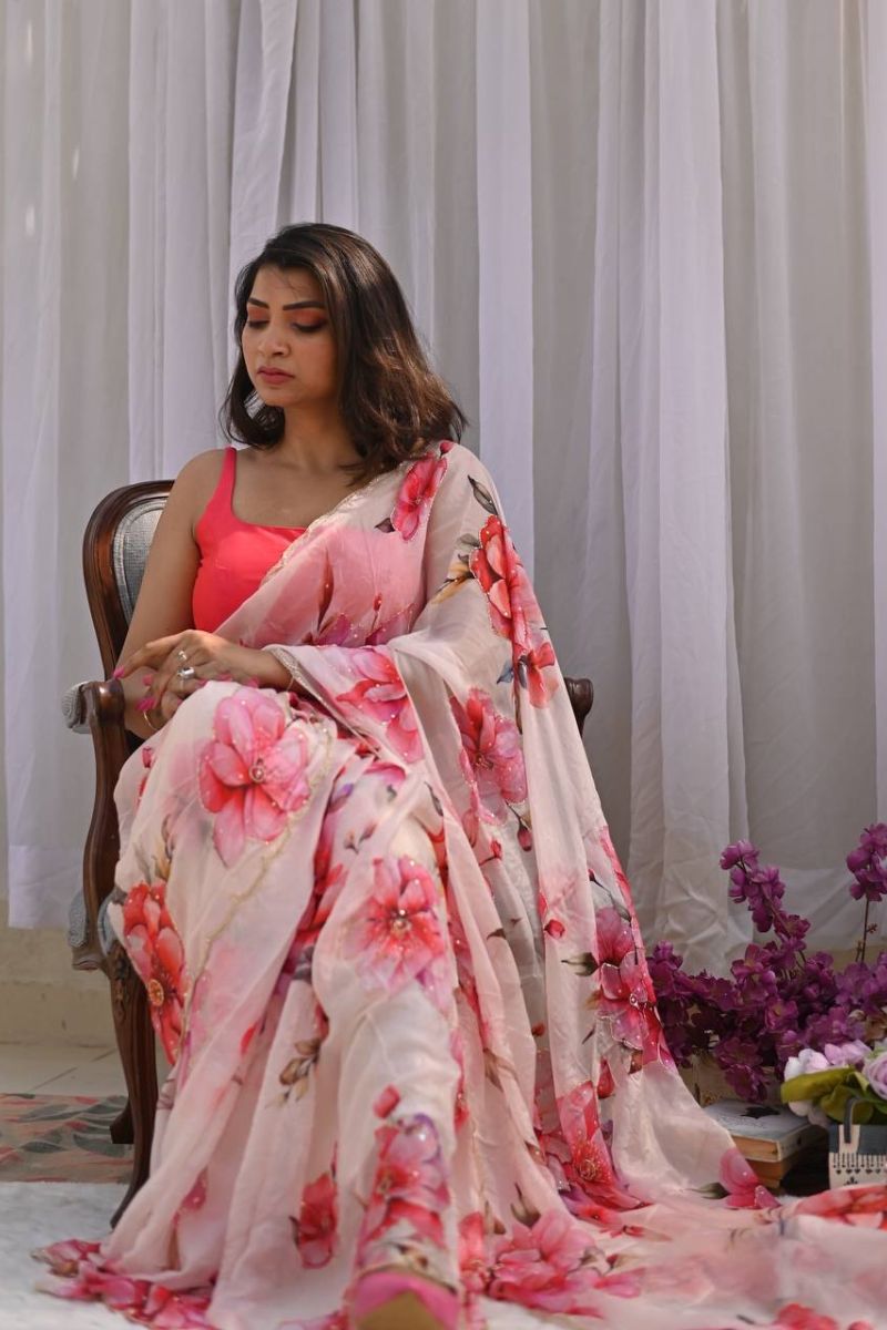 Soft Tebby Silk Floral Print Saree in White and Pink
