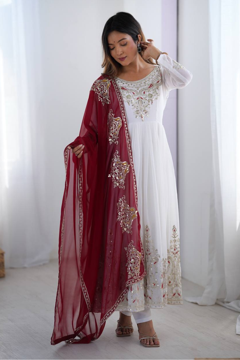 White And Red Heavy Georgette Gown Pant Dupatta Set