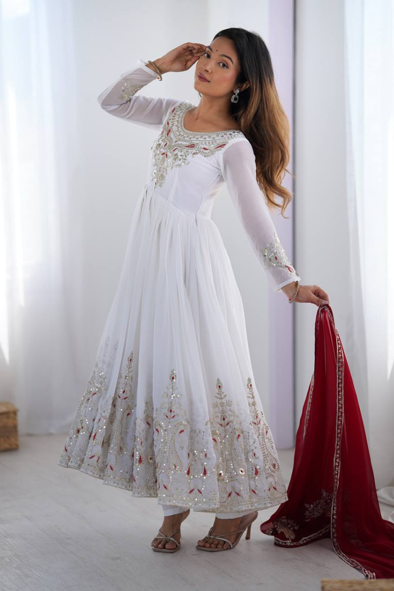 White And Red Heavy Georgette Gown Pant Dupatta Set