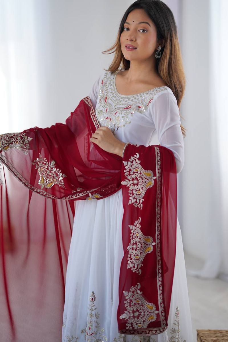 White And Red Heavy Georgette Gown Pant Dupatta Set