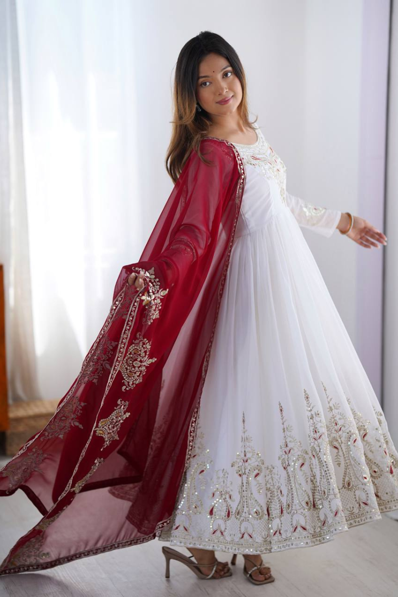 White And Red Heavy Georgette Gown Pant Dupatta Set