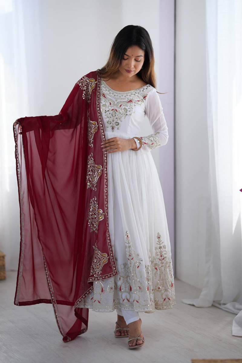White And Red Heavy Georgette Gown Pant Dupatta Set