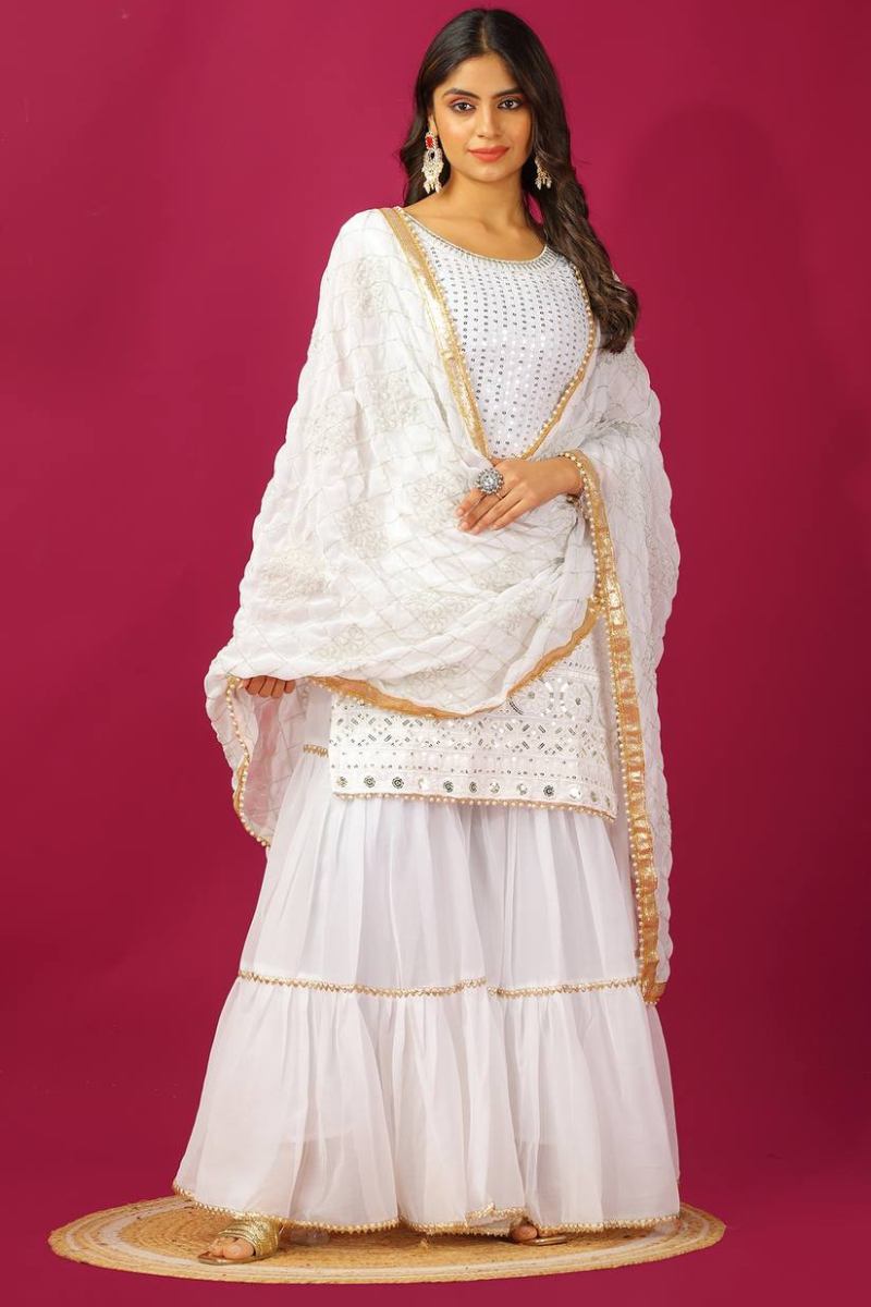 Three-piece embroidered kurta dupatta suit set in white faux georgette