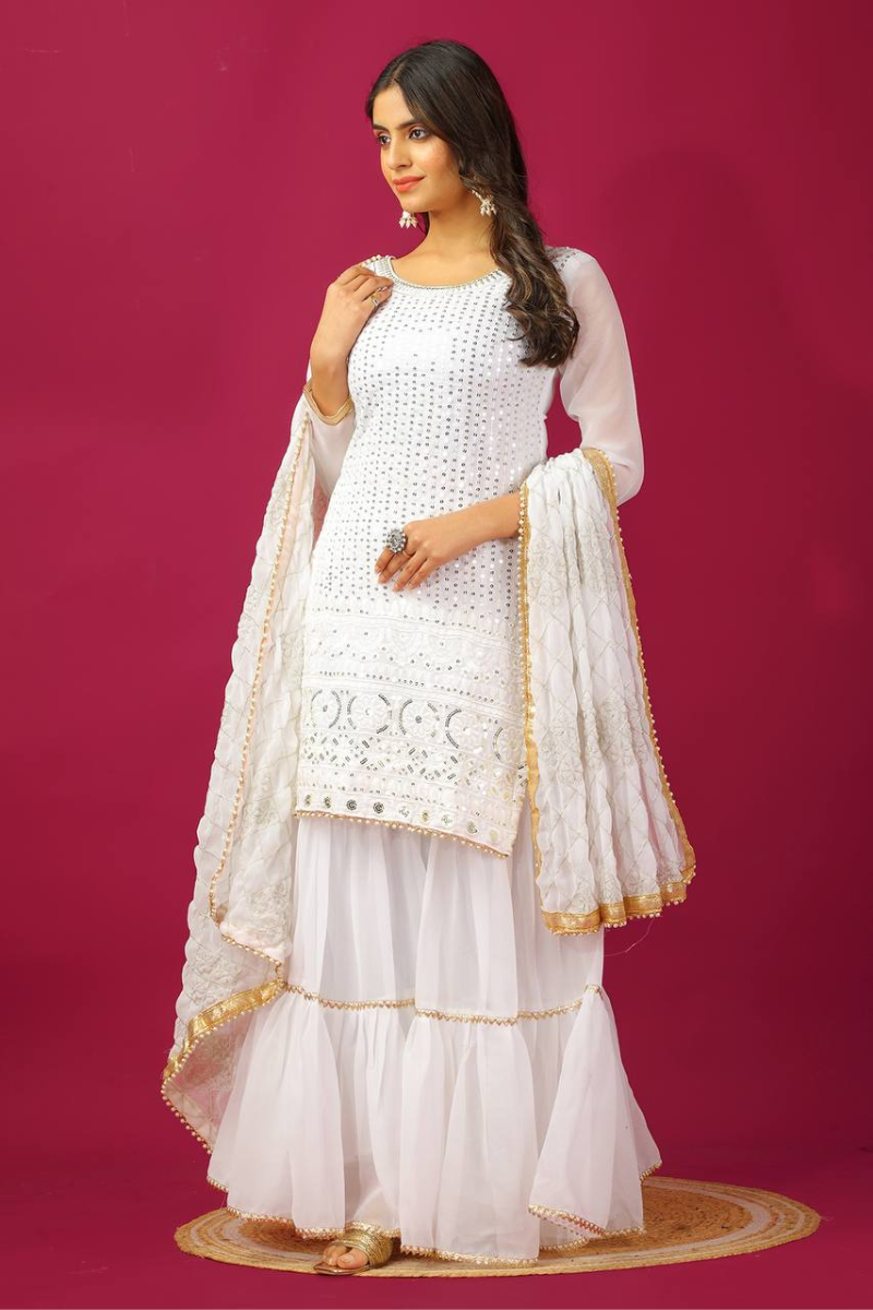 Three-piece embroidered kurta dupatta suit set in white faux georgette
