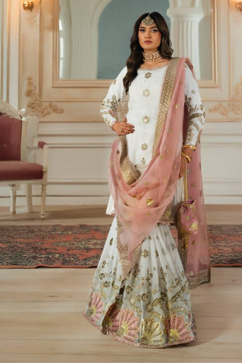 Three-piece Sharara Dupatta suit set in white, rich imitation georgette.