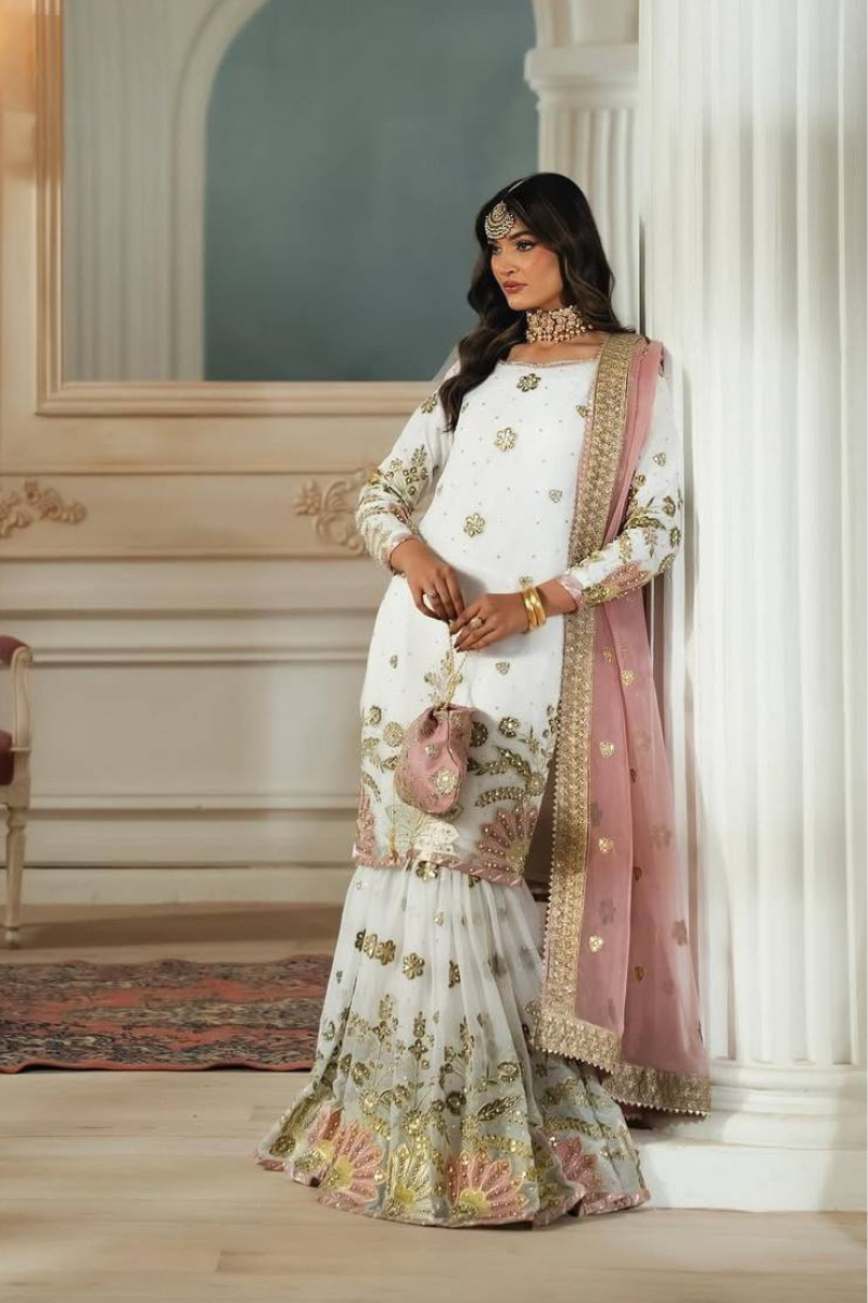 Three-piece Sharara Dupatta suit set in white, rich imitation georgette.