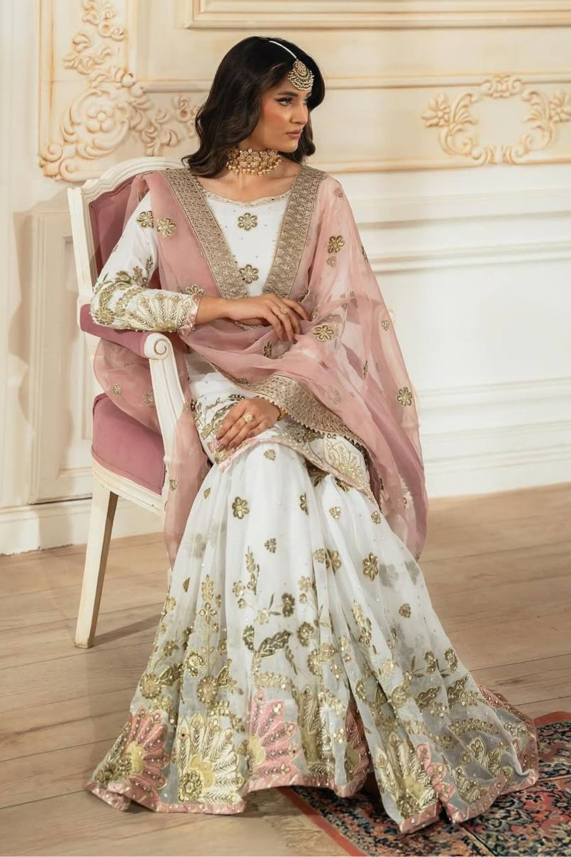 Three-piece Sharara Dupatta suit set in white, rich imitation georgette.