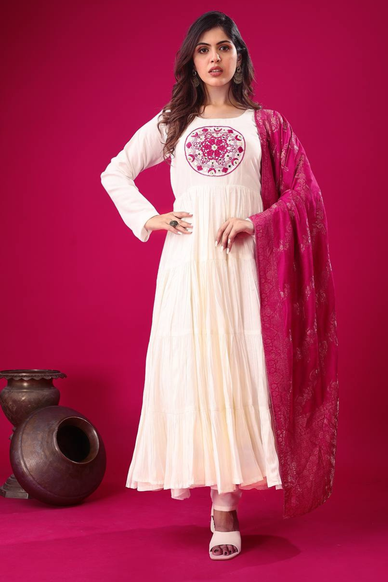 Three Pieces of White Heavy Roman Silk Sharara Suit Set with Kurta Dupatta