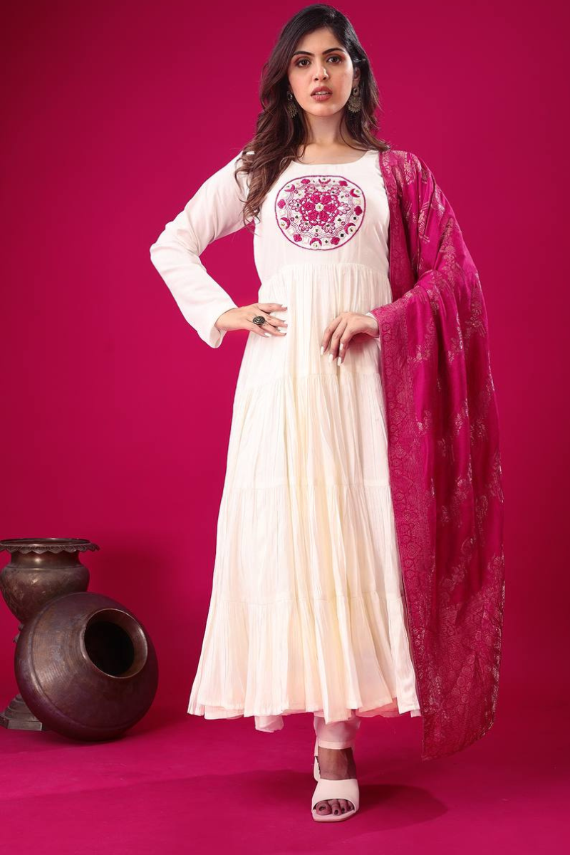 Heavy White Roman Silk Gown with Dupatta and Pants