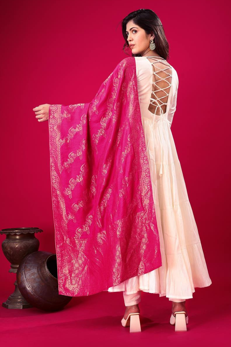 Heavy White Roman Silk Gown with Dupatta and Pants