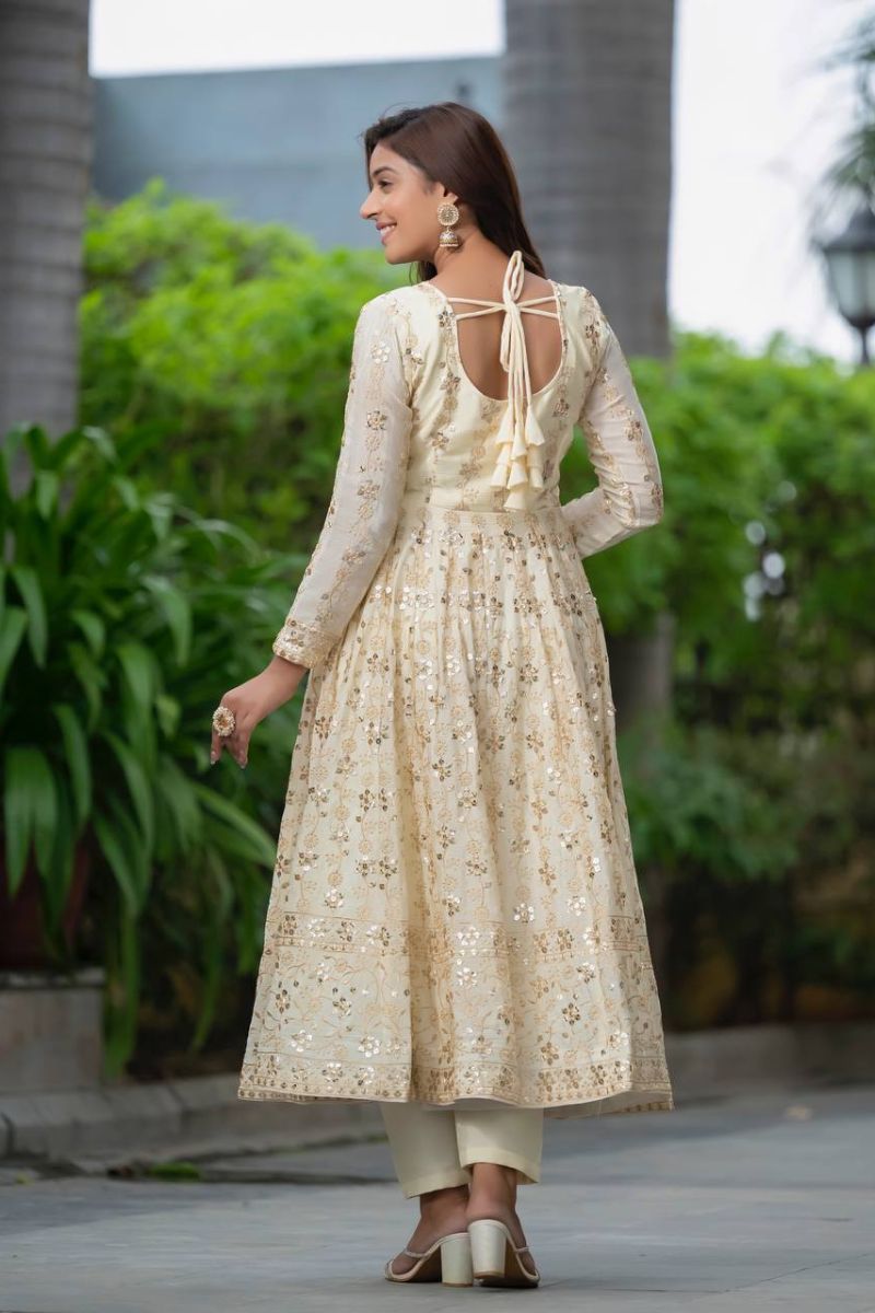 Anarkali Gown, Pant Dupatta Set, White Pure Chinon Silk