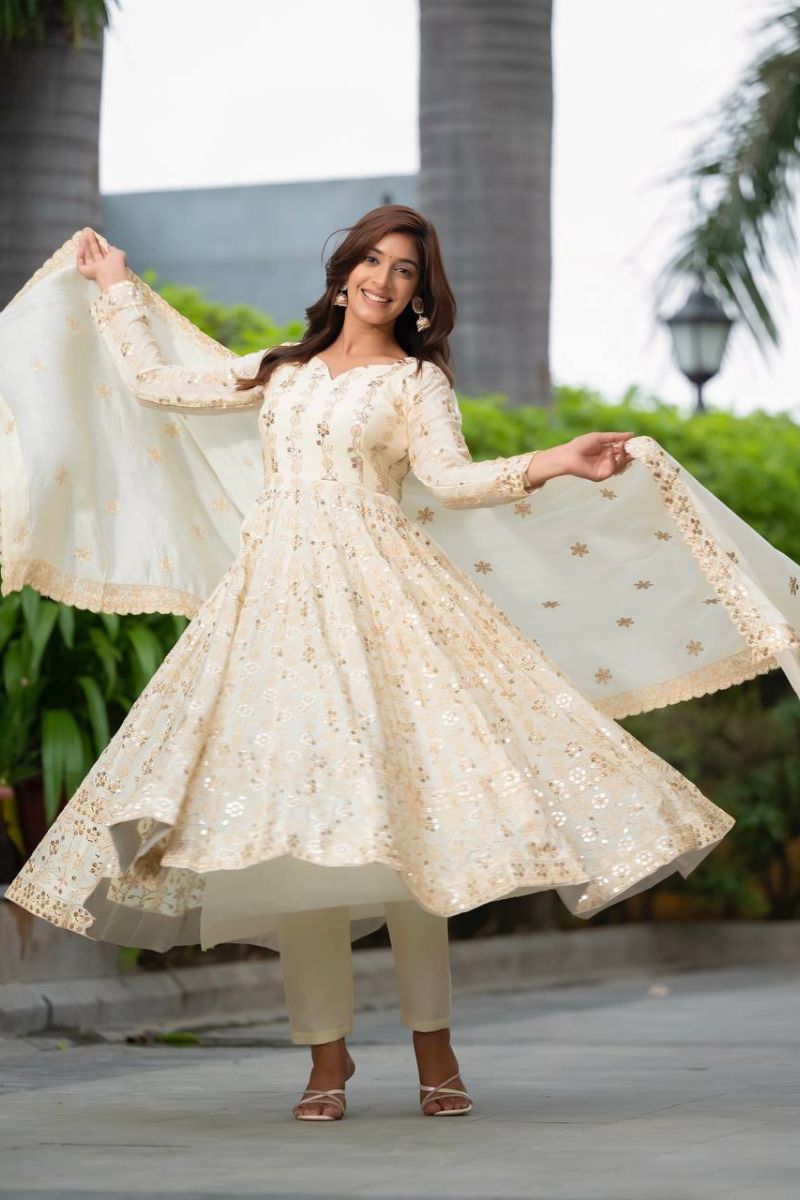 Anarkali Gown, Pant Dupatta Set, White Pure Chinon Silk