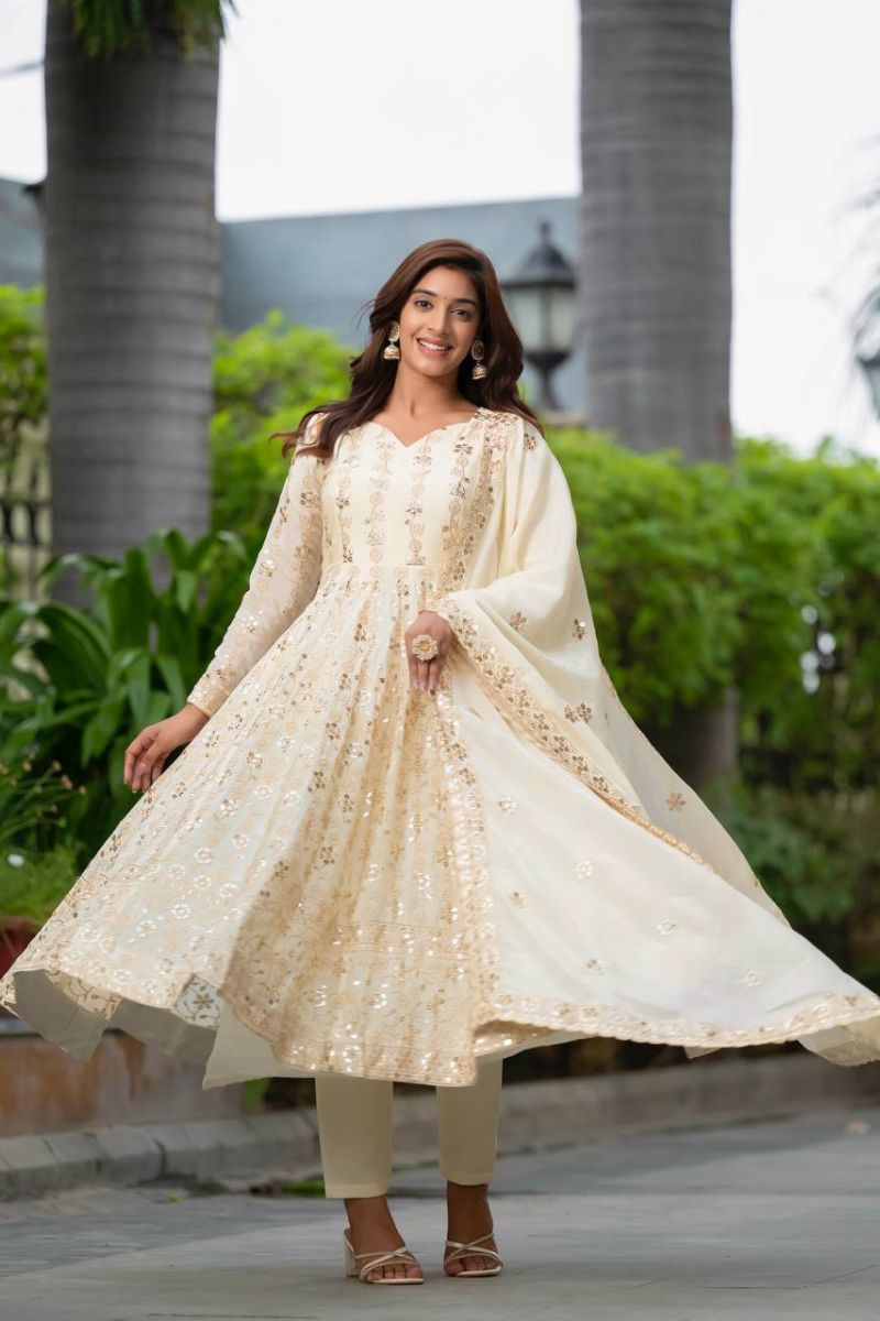 Anarkali Gown, Pant Dupatta Set, White Pure Chinon Silk