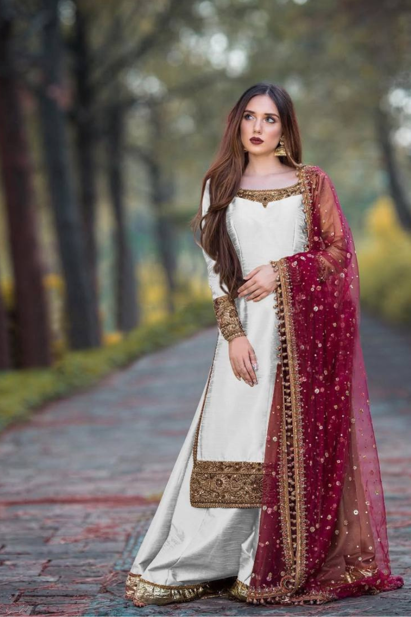 White Pure Chinon Silk Sharara Kurta Dupatta Suit Set