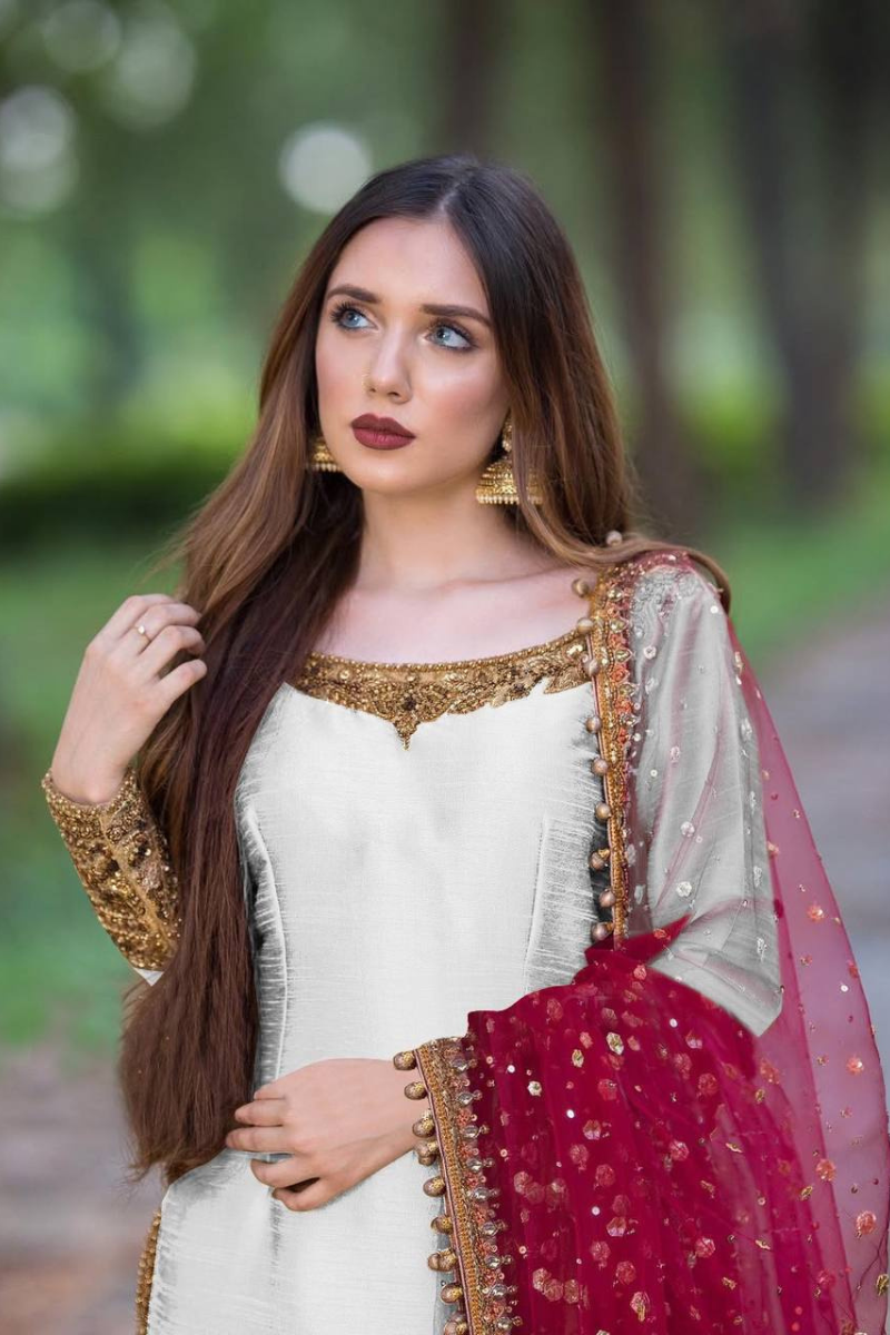 White Pure Chinon Silk Sharara Kurta Dupatta Suit Set