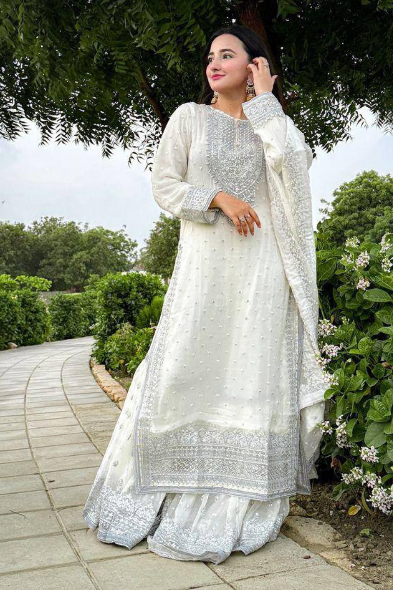 Embroidered Sharara Dupatta Set in White Pure Heavy Georgette