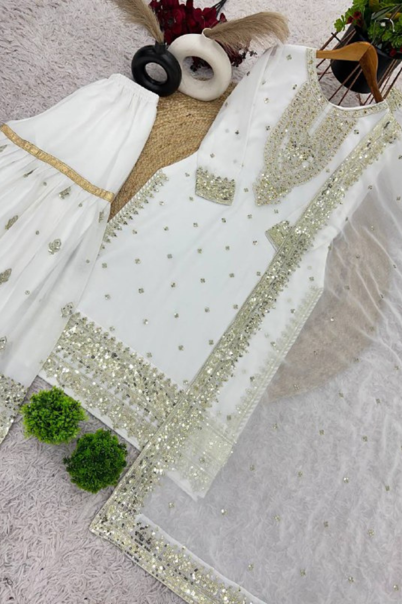 Embroidered Sharara Dupatta Set in White Pure Heavy Georgette