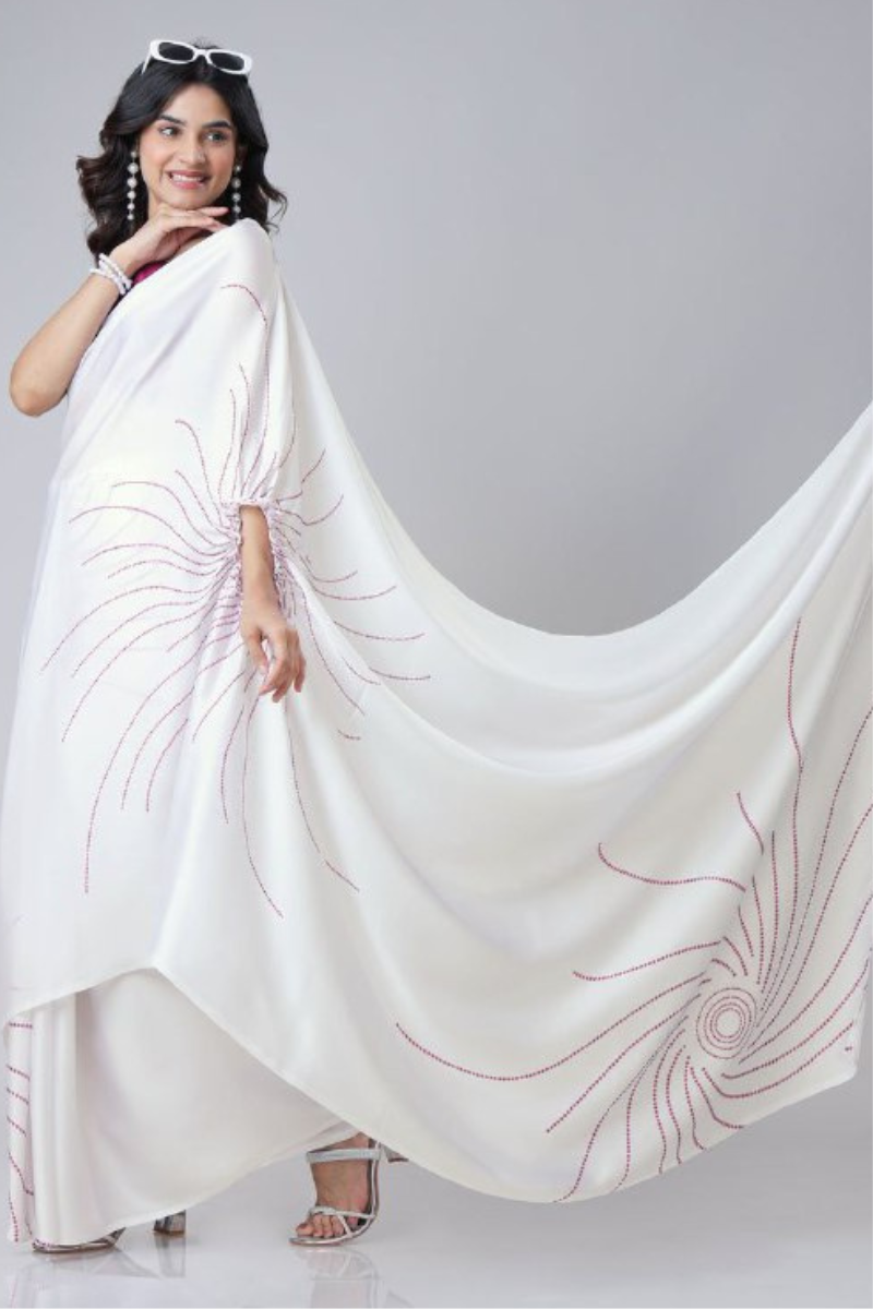 Digital Printing of White Satin Creap Silk Saree