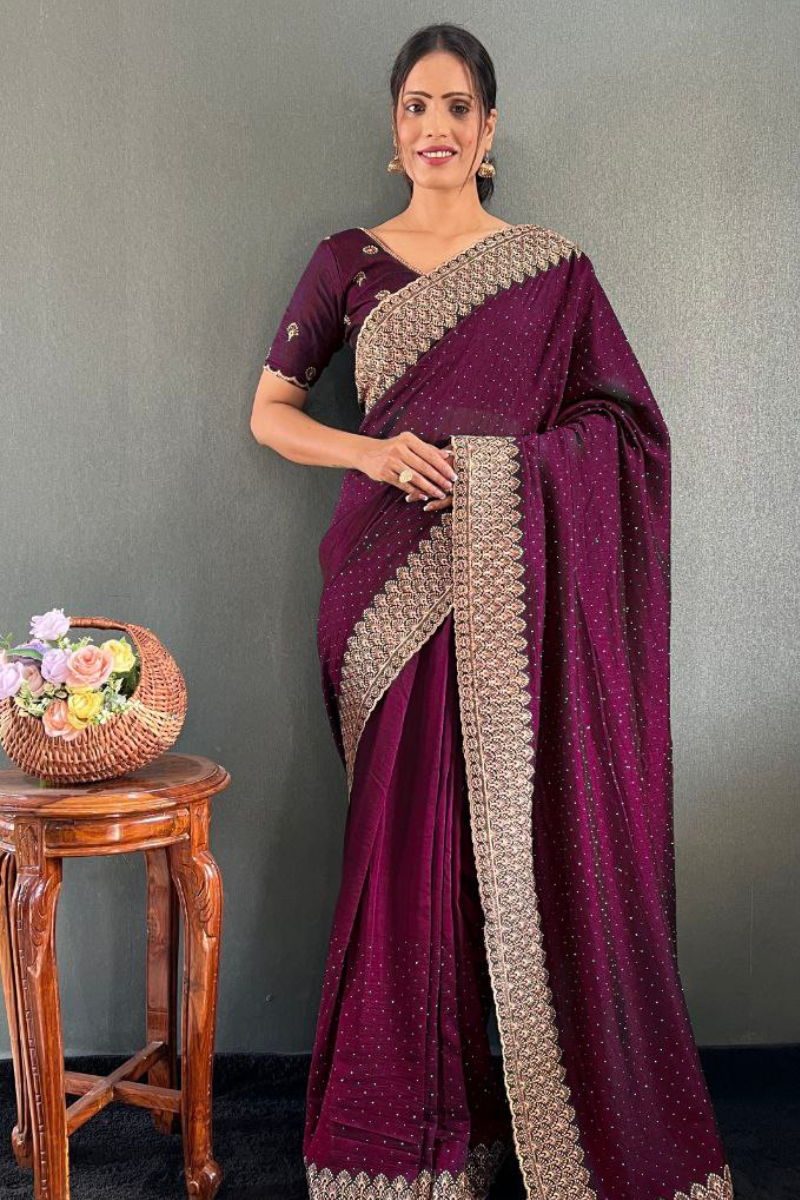 Vichitra silk saree with lovely Zari and wine blooming