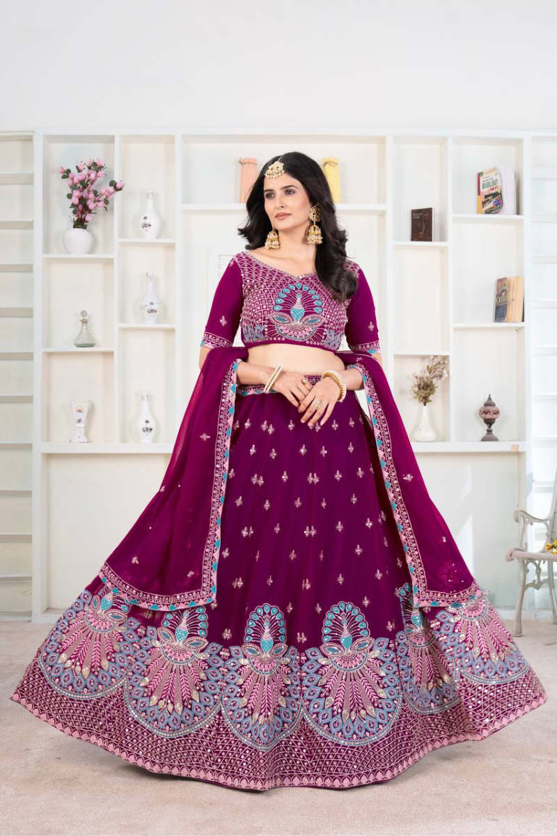 Wine Faux Georgette Lehanga Choli Set Embroidered