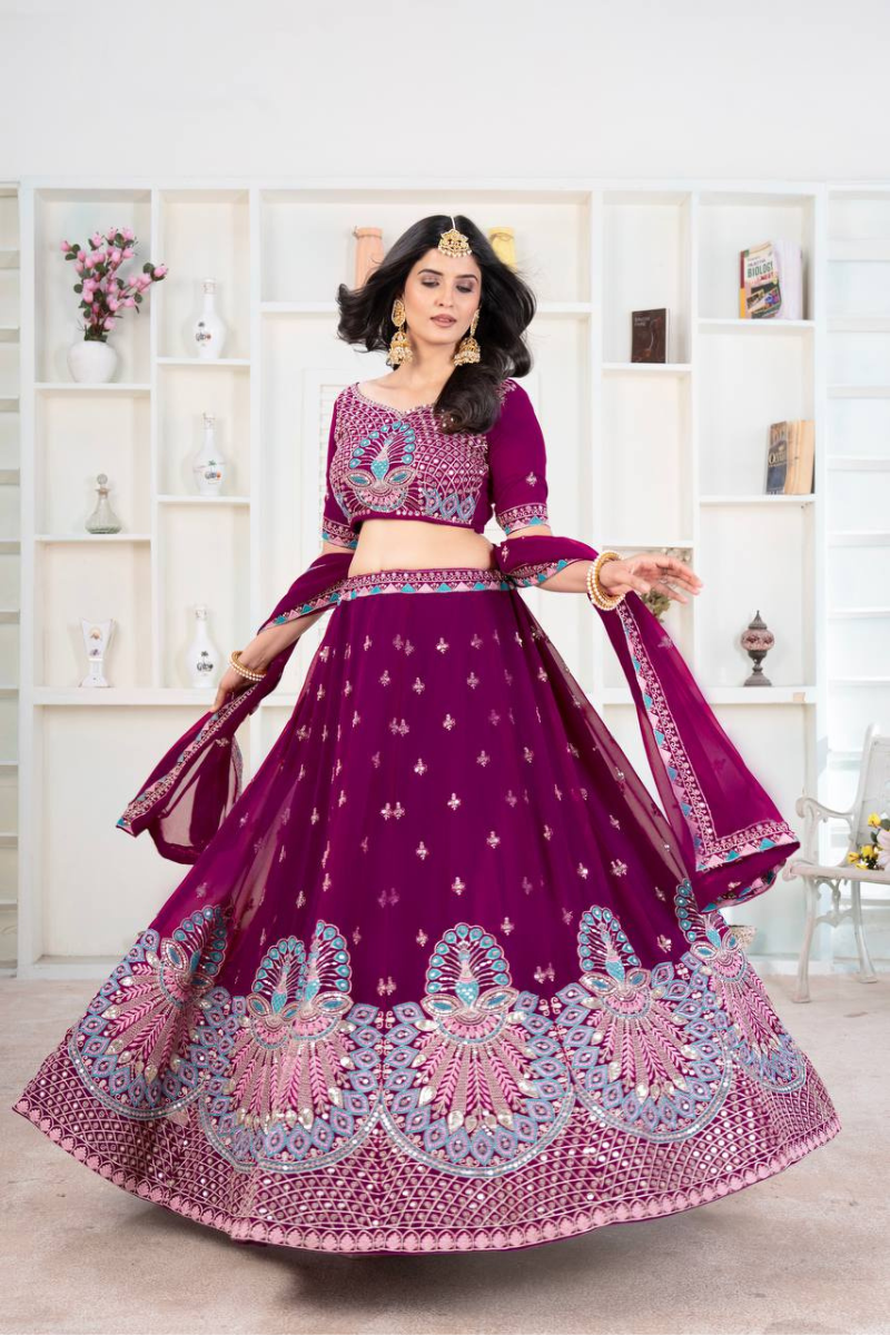 Wine Faux Georgette Lehanga Choli Set Embroidered