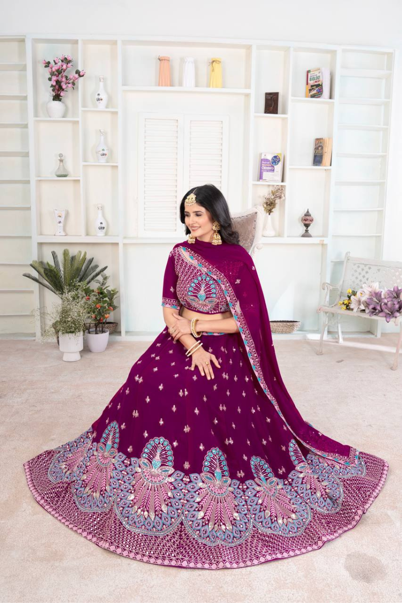 Wine Faux Georgette Lehanga Choli Set Embroidered