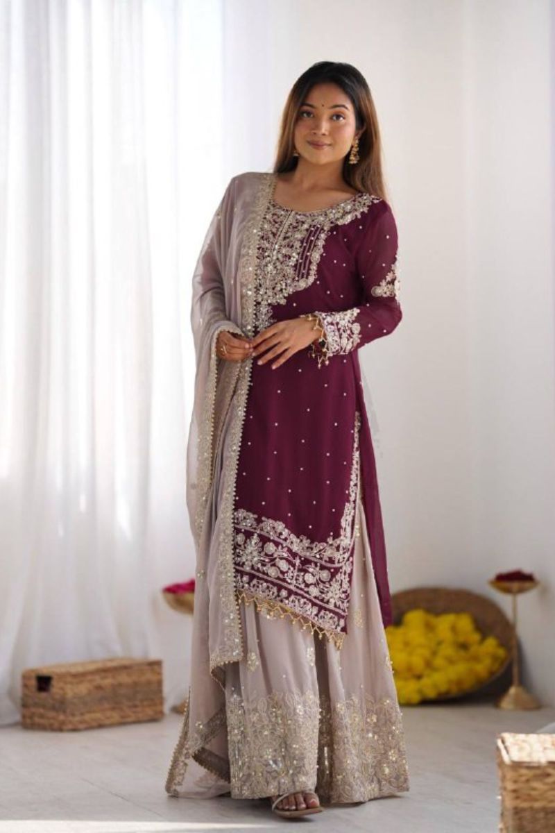 Heavy Faux Wine Red Sharara Dupatta Suit Set in Georgette