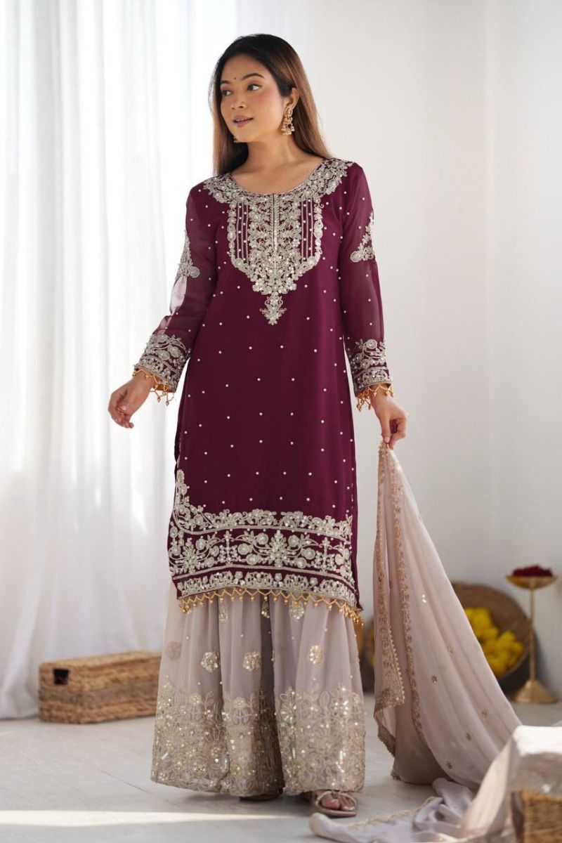 Heavy Faux Wine Red Sharara Dupatta Suit Set in Georgette