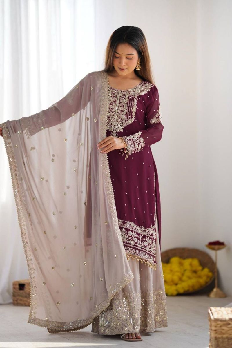 Heavy Faux Wine Red Sharara Dupatta Suit Set in Georgette