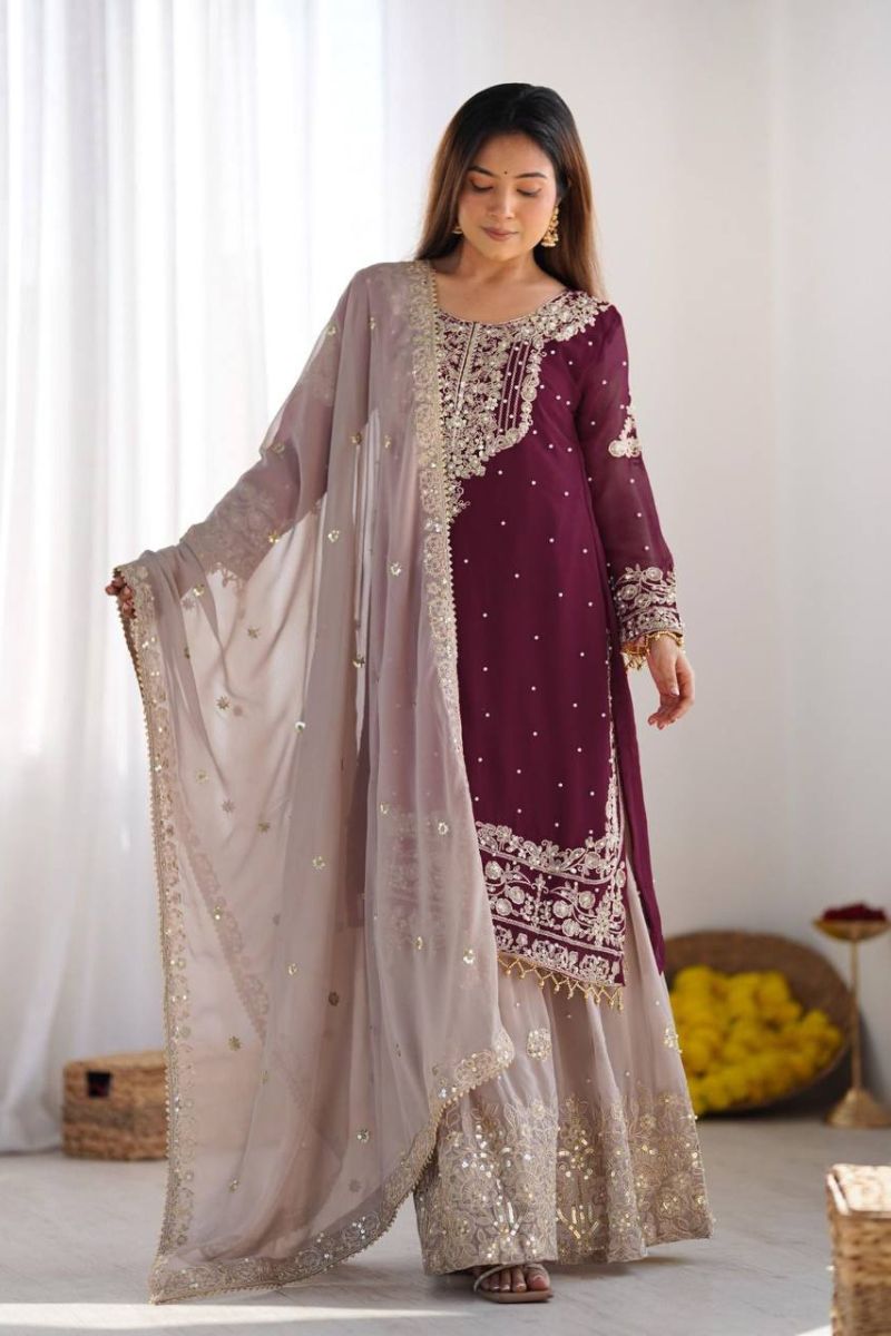 Heavy Faux Wine Red Sharara Dupatta Suit Set in Georgette