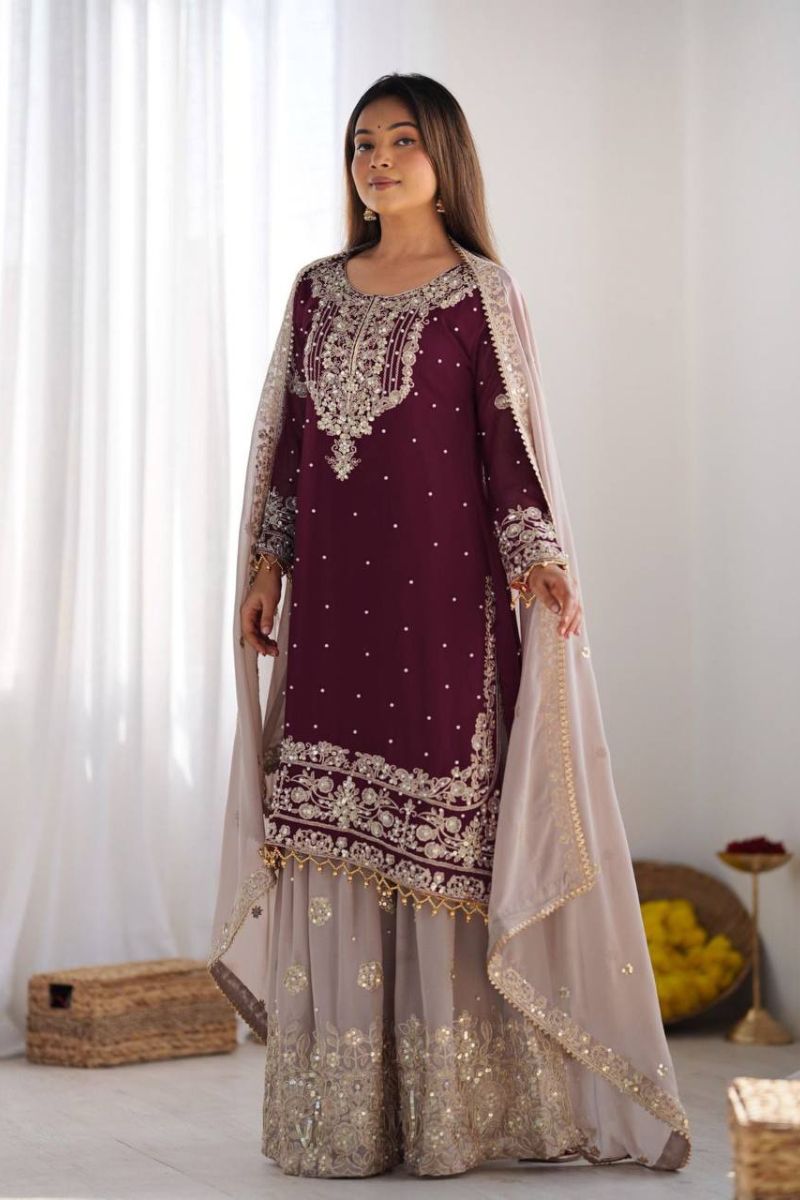 Heavy Faux Wine Red Sharara Dupatta Suit Set in Georgette