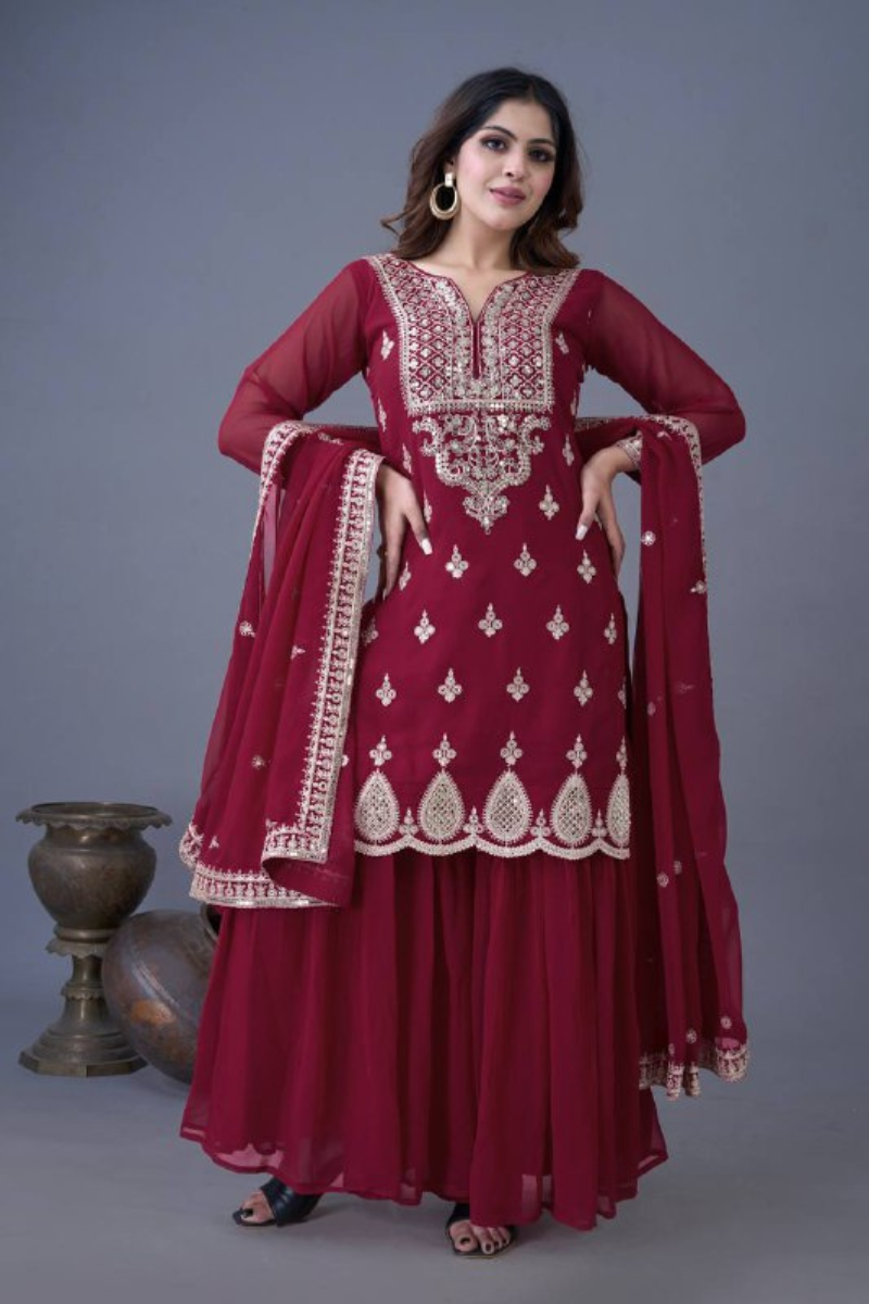 Sharara Dupatta Set in Wine Heavy Georgette Embroidered