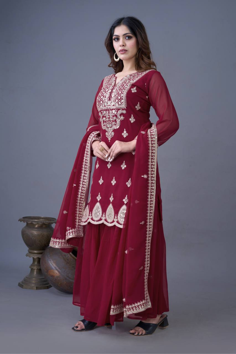 Sharara Dupatta Set in Wine Heavy Georgette Embroidered