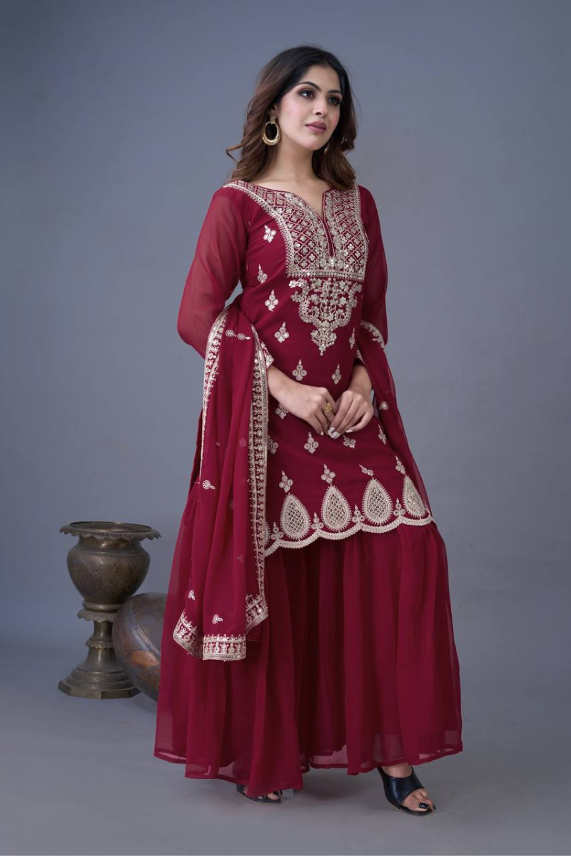 Sharara Dupatta Set in Wine Heavy Georgette Embroidered