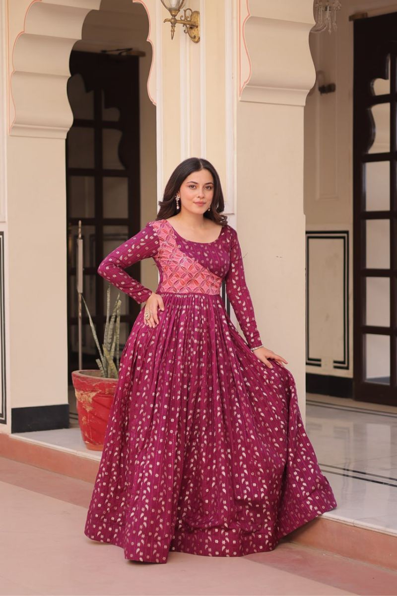 Work Gown with Print Choli Design and Wine Print Jequard