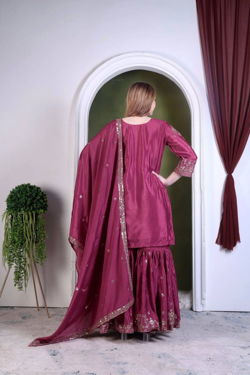 Sharara Dupatta Pants Sharara Suit Wine Pure Chinon Silk