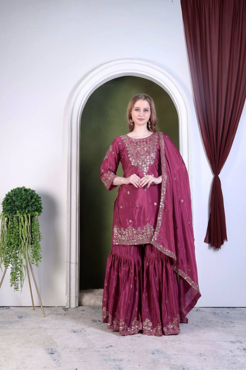 Sharara Dupatta Pants Sharara Suit Wine Pure Chinon Silk