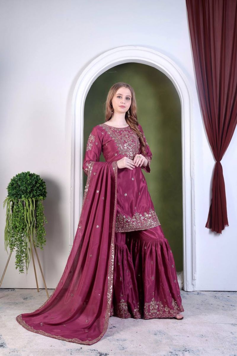 Sharara Dupatta Pants Sharara Suit Wine Pure Chinon Silk